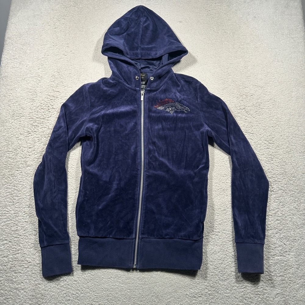 Vintage Y2K NFL Juniors Hoodie S Blue Velour Rhinestone Denver Broncos Full zip